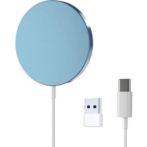 for MagSafe Charger 15W Magnetic Wireless Charging Pad for iPhone 17 16 15 14 13 12 Air Pro Max Plus mini/AirPods 2 3 Pro, Slim Portable Strong Magnet Quick Charger, USB-C/A Ports, Blue