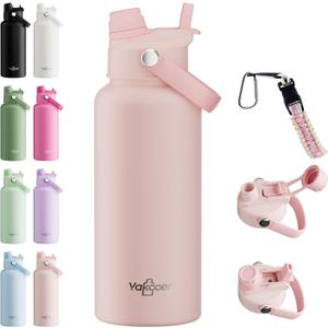 32oz Insulated Water Bottle with 2-in-1 Straw and Spout Lid, 304 Stainless Steel Water Bottle Keep Cold for 24H,Leak-Proof,Sports Water Bottle with Braided Carry Strap for School,Gym,Travel, Pink