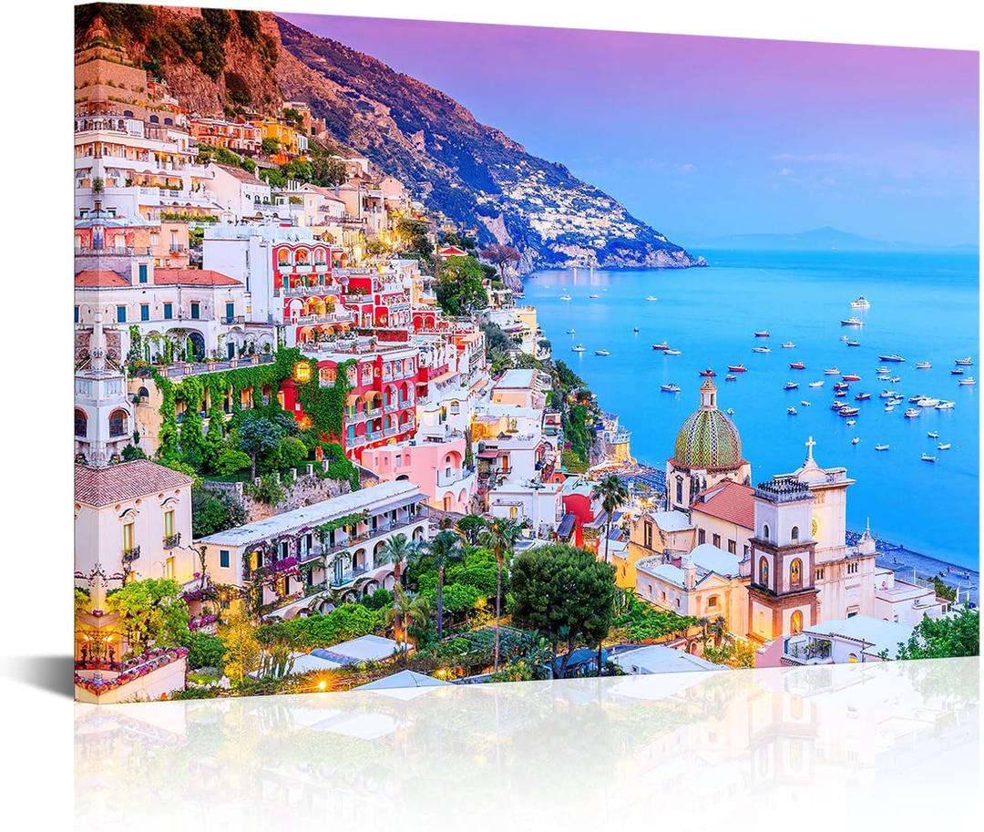 PoGoXiPoYo Italy Amalfi Coast Wall Art Canvas Prints Mediterranean Positano Europe Italian Travel City Landscape Pictures Wall Decor for Bedroom Living Room Office 16x24inch