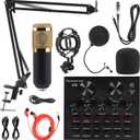 MorTime Condenser Microphone Bundle, Live Sound Card, Adjustable Boom Arm, Shock Mount, Metal Mic Pop Filter, Sponge Pop Filter Cover, Earphone, Audio Cables and Power Cable, Set of 11 Mic Kit