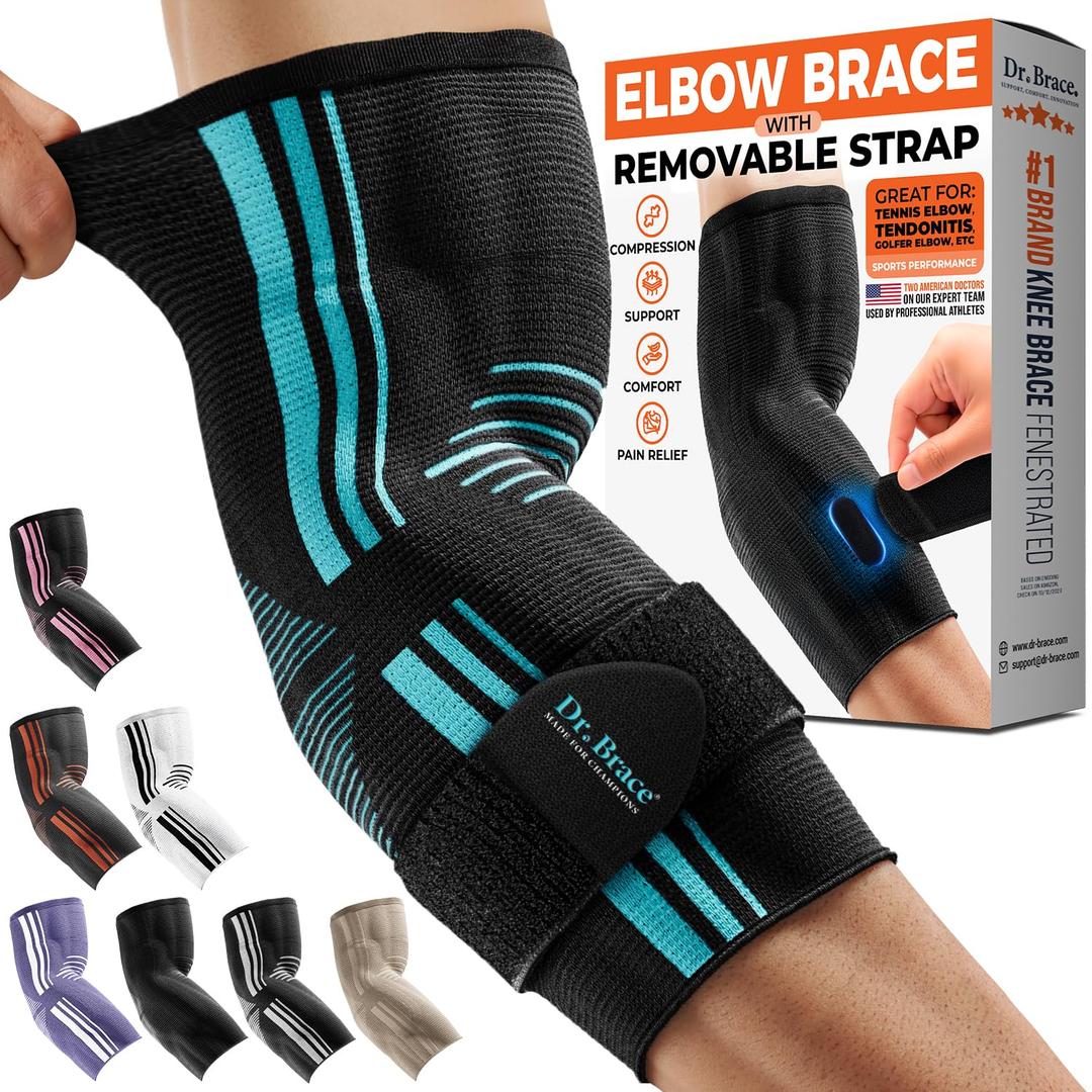 DR. BRACE Elite Elbow Brace Support with Removable Strap for Women & Men, Pain Relief for Tendonitis, Arthritis, Golfer's & Tennis Elbow Treatment, Elbow Sleeve for Workouts Weightlifting (Black-Blue, Large)