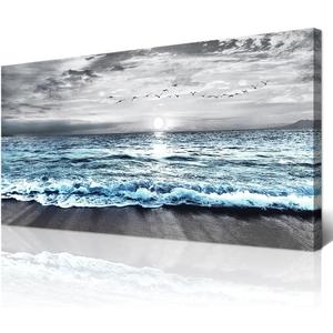 Wapluam Large Wall Decor For Living Room Canvas Wall Art For Bedroom Office Wall Decorations Black And White Painting Blue Sea Wave Pictures Artwork For Modern Stretched and Framed Beach Posters (60"L x 30"W)