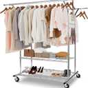 Whitmor Heavy Duty Clothing Rack: Adjustable & Extendable Rolling Garment Rack with Lockable Wheels, Double Rod Clothing Racks with 2 Bottom Shelves, Max Load 500LBS for Hanging Clothes, Chrome