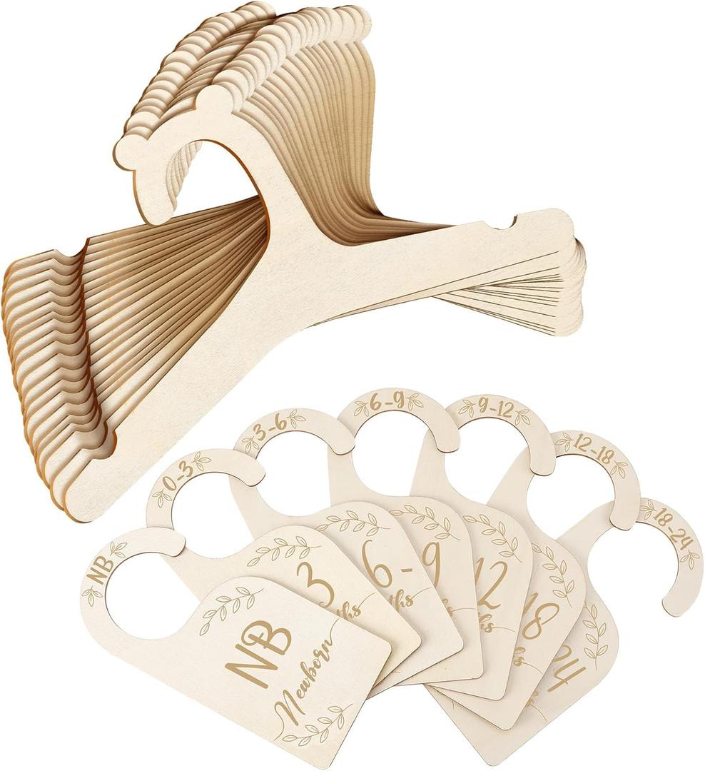 20 PCS Wooden Baby Clothes Hangers with 7 PCS Baby Closet Dividers, Cute Toddler Infant Children Kids Clothes Hangers for Kids Coats, Pants and Jackets (Wood Color-bear Ear)