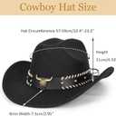 Western-Cowboy-Hats for Women Men - Classic Wide Brim Felt Fedora Unisex Upturn Bull Head Cowgirl Caps with Buckle Belt (Black)