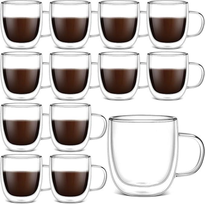 Gerrii Double Walled Glass Coffee Mugs with Handle 10 oz Insulated Borosilicate Glass Cappuccino Mugs Clear Espresso Cups for Home Office Coffee Tea Espresso Latte Milk and Hot Cold Beverages(12 Pack)