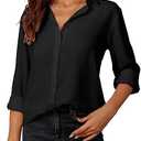 YAMANMAN Womens Button Down Shirt Long Sleeve Classic Collared Tops Work Office Casual Chiffon Blouse.L