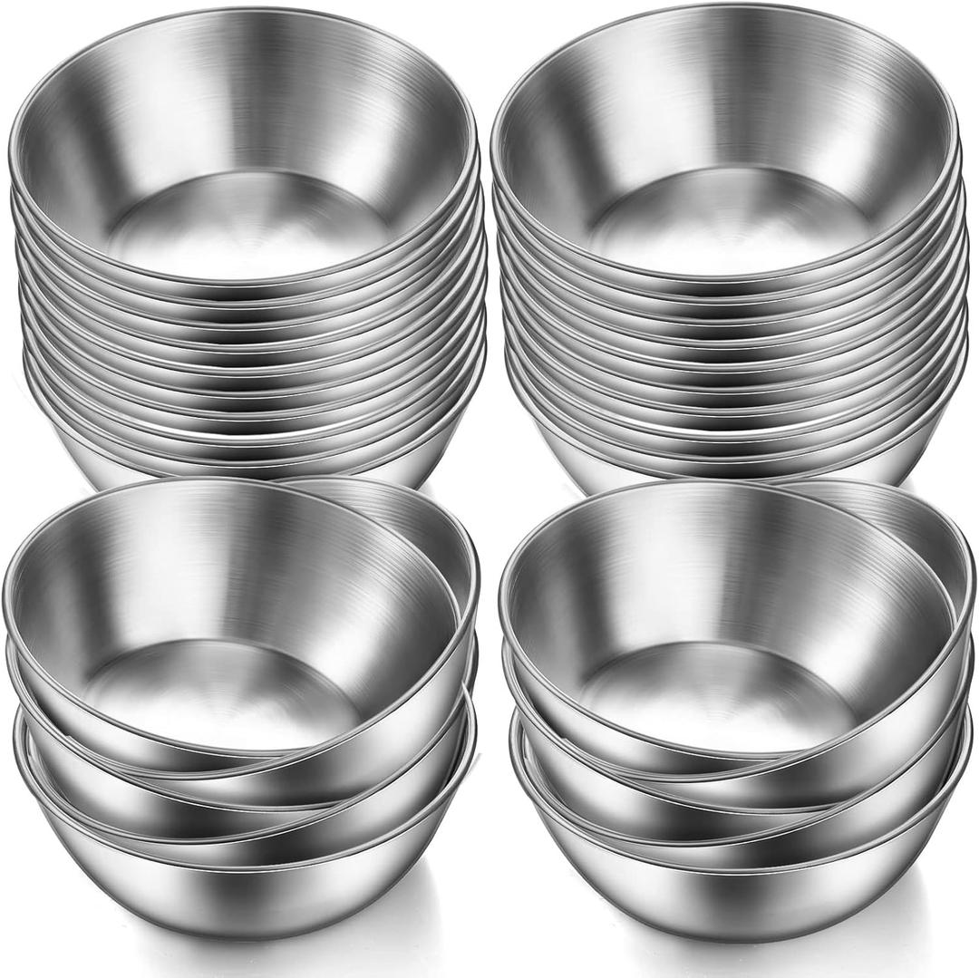 30 Pack Small Stainless Steel Bowl Sauce Dishes 3.3 Inch Round Seasoning Sushi Dipping Bowls Silver Mini Condiment Cups Metal Ingredient Containers for Prep Appetizer Plates Set for Kitchen