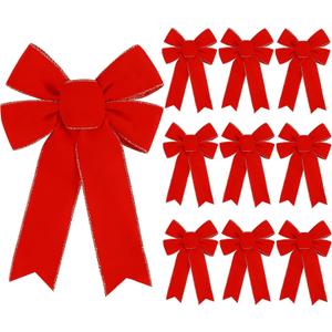 10 Pack Red Bows Christmas Tree Decorations,9x13Large Velvet Ornament Bow with Glitter Gold Edge for Xmas Home Wreath Fence Stairs Railing Fireplace Indoor Outdoor Front Door Decor (Multicolor)