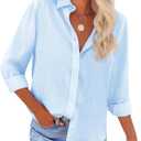 siliteelon Women's Button Down Shirt Cotton Oxford Long Sleeve Blouse | Boyfriend Style Collared Shirt, Business Casual Office Work Tops, Wrinkle Resistant Travel Shirt, Early Fall Everyday Wear (Blue, XL)