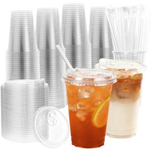 Goodluck 100 Pack 16 oz Clear Plastic Cups with Lids - Disposable Iced Coffee Cups with lids for Party Drinks Smoothies, Juices, and More - Straws Included, BPA Free & Food Safe