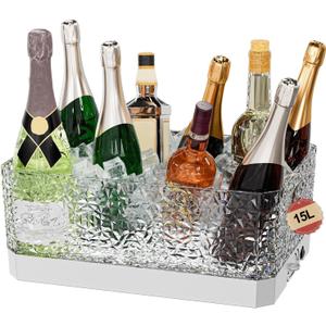 Plastic Ice Bucket for Parties, 15Liter / 4 Gallon Big Large Clear Beverage Tub for Champagne Beer Drink Wine Cocktails Bar, Hosting Party Essentials, LED Light Up, Rectangular, Leakproof
