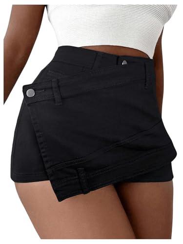 SHENHE Women's Vintage Mini Denim Skorts Wrap Overlay Irregular Stretchy Cargo Shorts Pure Black X-Large