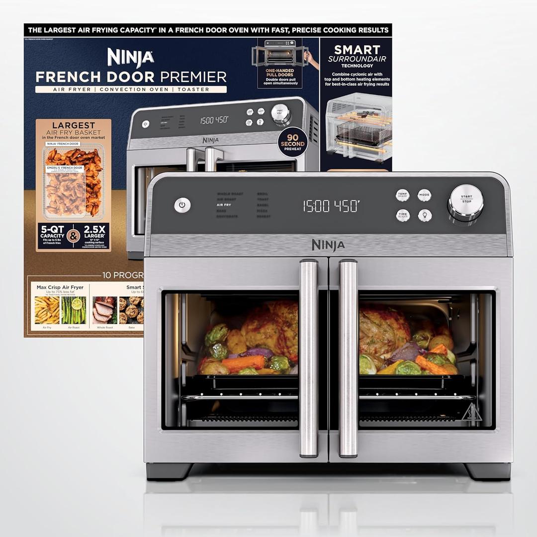 Ninja | French Door Premier Air fry Oven | 10-in-1 functions | 20.3-qt capacity | 5-qt Air Fry Basket, Sheet Pan, Wire Rack, Broil Rack | PFAS-free, Dishwasher-Safe Accessories | Black | FO101BK, 15.8"D x 16.53"W x 13.48"H