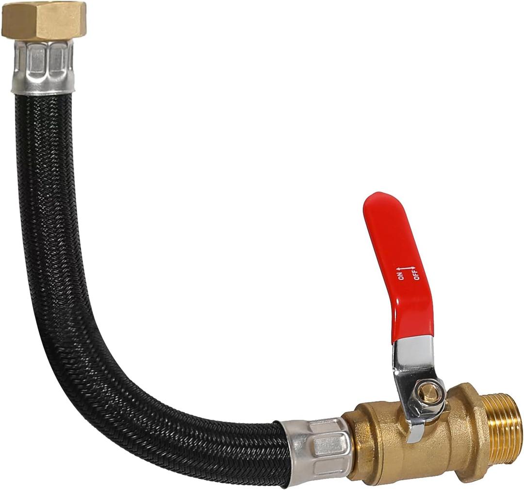 Garden Hose Extension Adapter Short Fitting with Valve,3/4" GHT Solid Brass Fittings, Flexible, No Kinks, Unrestricted water flow, Hose Length 0.82FT, Overall Length 1.1FT