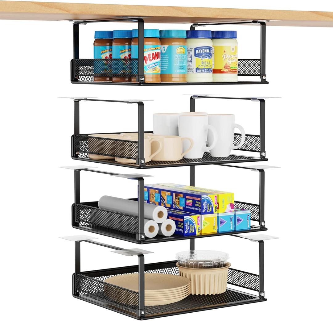 iSPECLE Under Shelf Basket - 4 Pack Under Shelf Storage Add Extra Storage Space for 15" and 30" Upper Cabinet, Easy to Install with Strong Adhesive, Under Cabinet Basket Easy Get Small Items, Black