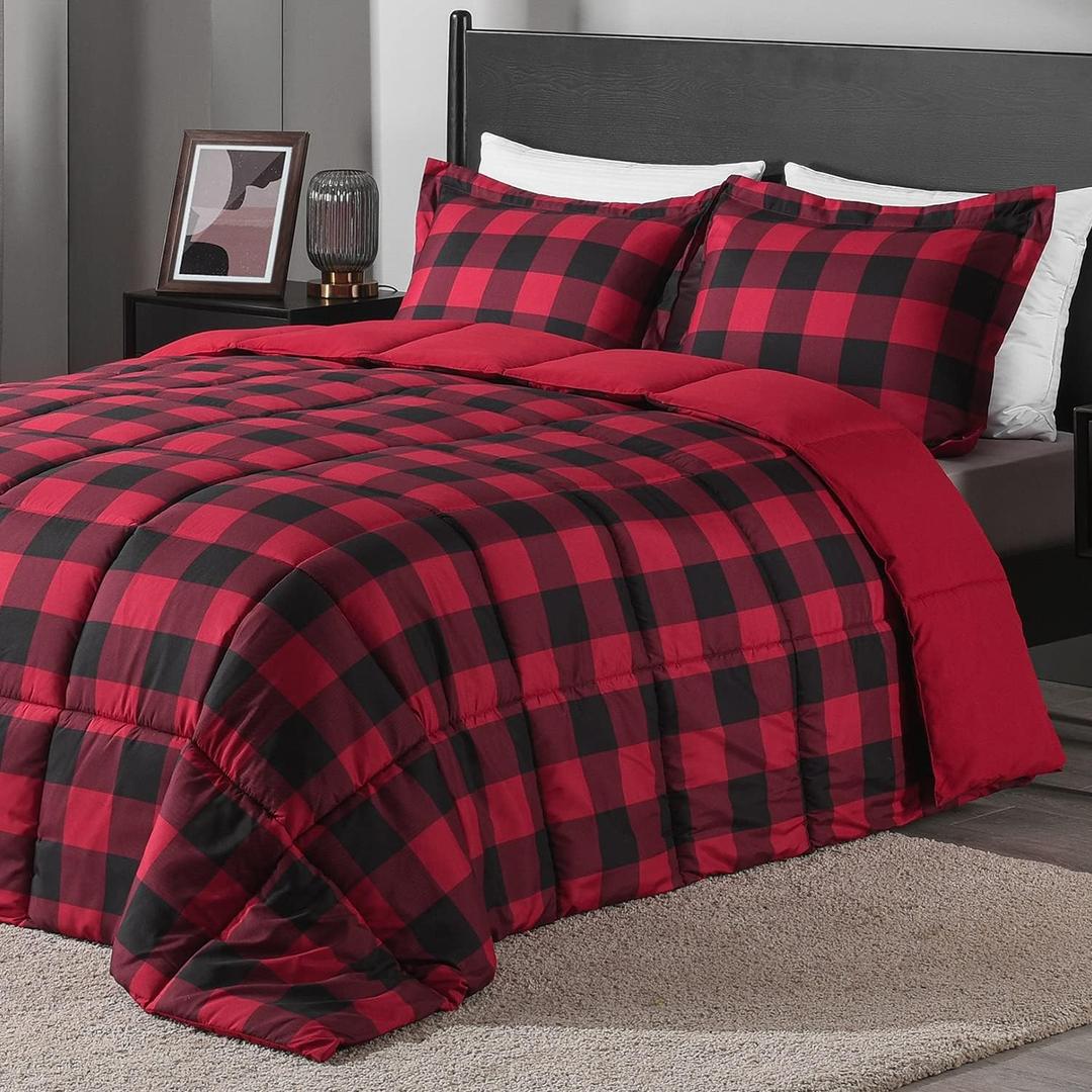 Gownluxe Lightweight Plaid Comforter Set (Queen) with 2 Pillow Shams - 3-Piece Set - Red/Black Plaid - Down Alternative Reversible Comforter