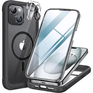 Miracase Glass Series for iPhone 15 Case [Compatible with MagSafe] Full-Body Magnetic Bumper Case with Built-in 9H Tempered Glass Anti-Fingerprint Screen Protector + Camera Lens Protector, Black