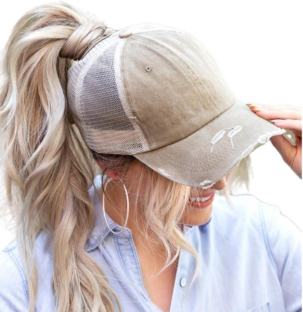 ProMindFun Womens Pony Hat High Ponytail Baseball Cap Girls Messy Bun Caps Camouflage Trucker Bad Hair Day Adjustable Dad Hat (03-light Khaki)