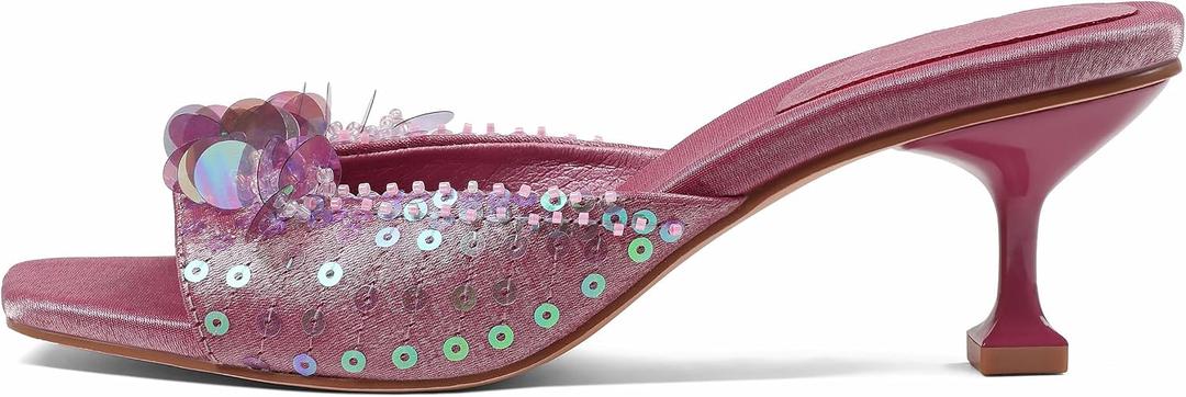 Mattiventon Kitten Heels for Women Comfortable Stiletto Heeled Mule Sequin Open Square Toe Slip On Trendy Sandals Prom Party Wedding and Vacation (Pink) 8.5