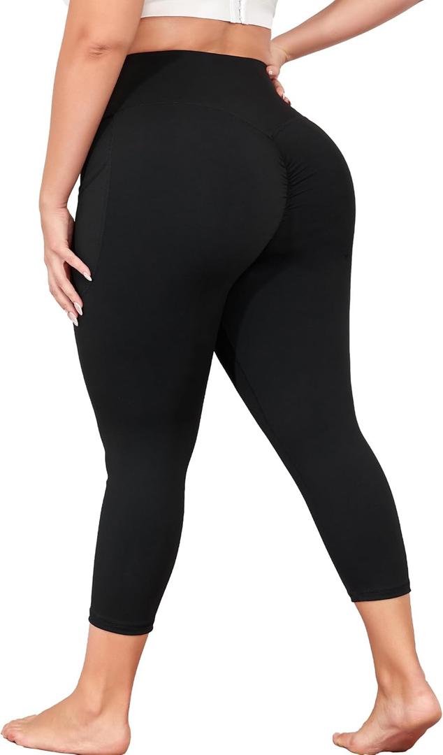 Plus Size Capri Leggings for Women with Pockets, Black Yoga Pants Tummy Control, Butt Lifting Workout Clothes Stretch Gym Capris High Waist 2X