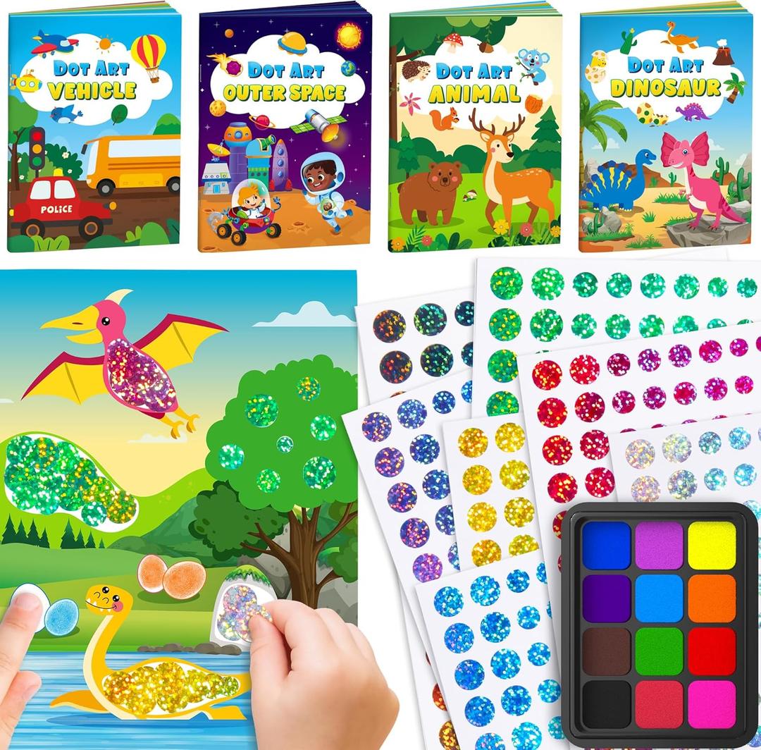 D-FantiX Dot Art Sticker Activity Book with Ink Pad, Mess-Free Finger Painting for Toddlers, Dinosaur, Animal, Outer Space, Vehicle Arts and Crafts, Kids Travel Activities