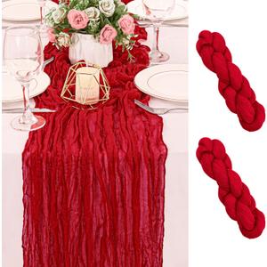 2 Pack 120 Inch Red Cheesecloth Table Runner Boho Rustic Gauze Sheer Romantic 10 FT Long Cheese Cloth Table Runner for Bridal Baby Shower Wedding Party Birthday Holiday Home Easter Decor