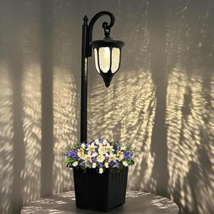 Solar Lamp Post Light with Planter, Outdoor Solar Lights with Crackle Glass, Matte Black Outdoor Flower Pots, 2 in 1 Solar Post Lights Waterproof for Porch Garden Patio