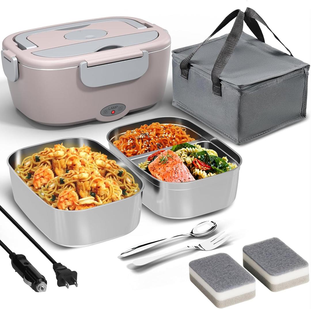 Sitlais Electric Lunch Box for Adults - 80W Fast Heated Lunch Box for Men&Women with Dual 1.5L Stainless Steel Containers Fast Heating Portable Food Warmer for Car&Truck lonchera elctrica porttil
