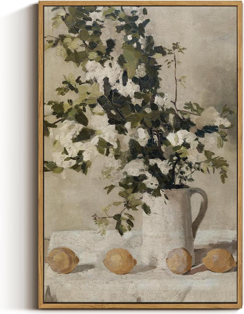 VIYYIEA Floral Large Framed Wall Art, Flowers and Lemons Vintage Art Decor Room Aesthetic, 16X24 Inch Canvas Print Artwork, Farmhouse Still Life Painting Wall Decor for Bedroom Bathroom Office
