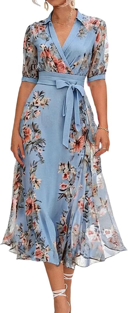 LOZ Womens Summer Dresses 2025 Blue Floral Puff Short Sleeve V-Neck Belt Midi Dress Fashion A-Line Wedding Guest Dresses (Blue, M)