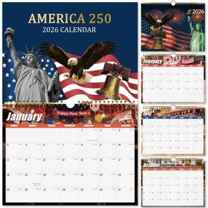 5 x 250th Anniversary American Patriotic 2026 Calendar, Spiral Bound Wall Calendar with Vintage Art, 12 Month Planner for Home & Office Decor