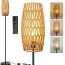 Ruiever Floor Lamp for Living Room,Farmhouse Floor lamp,Modern Standing Lamp with Hand-Worked Rattan Shade (Drum Shade-with Remote)