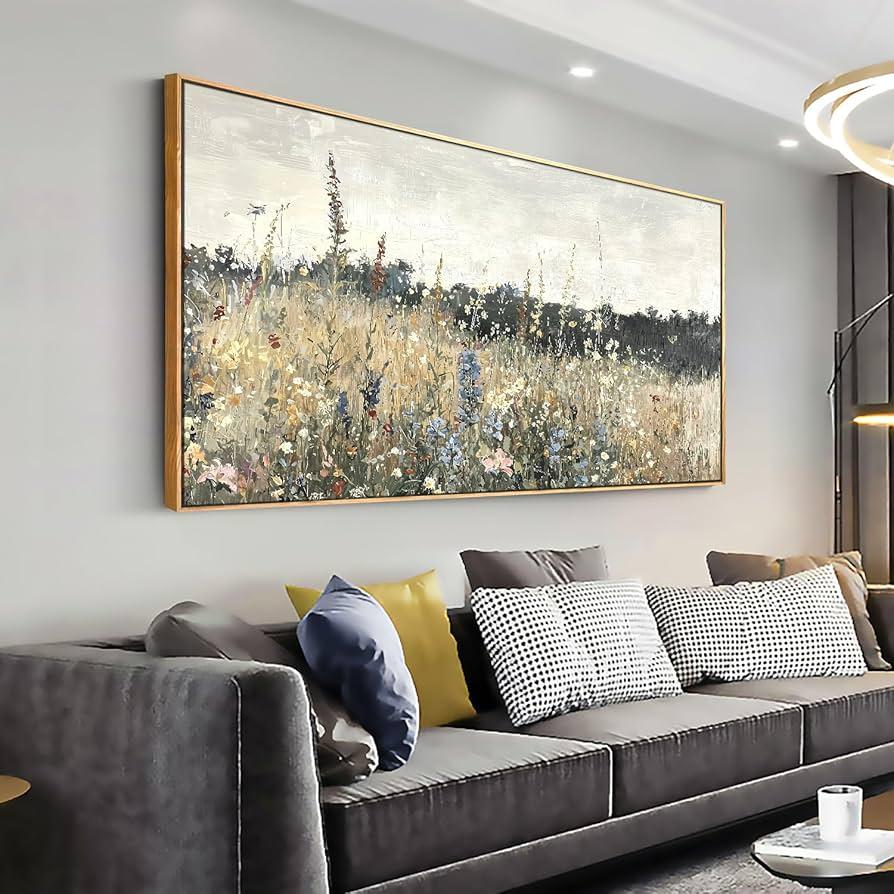 HLNIUC Vintage Watercolor Wildflower Landscape Horizontal Wall Art Framed 20x40 HLNIUC Vintage Watercolor Wildflower Landscape Horizontal Wall Art Framed 20x40