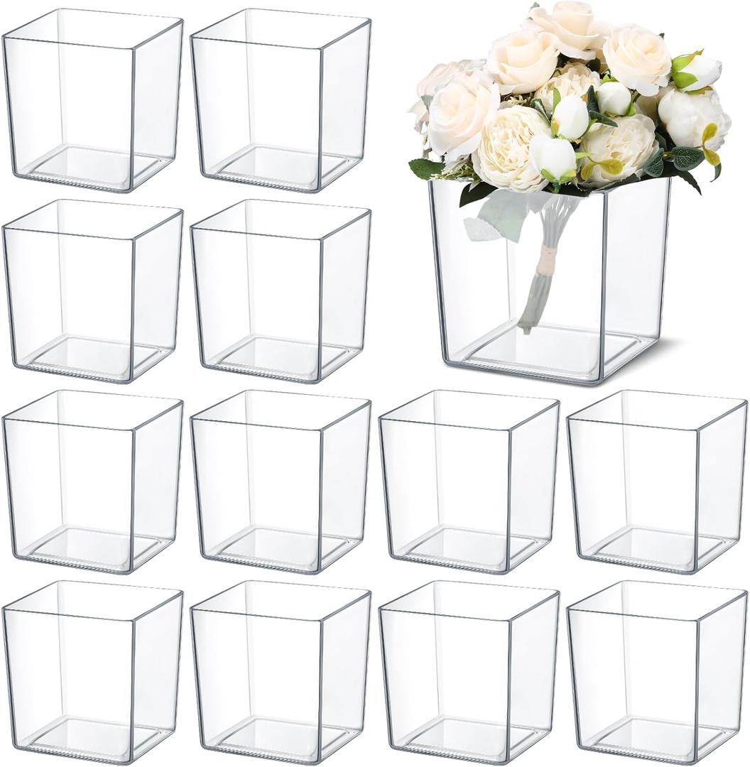 Tioncy 12 Pcs Clear Square Vase 5'' x 5'' Acrylic Flower Plastic Vases for Centerpieces Acrylic Cube Plastic Container Bulk Succulent Pots Planters for Plant Wedding Home Office Floral Decor