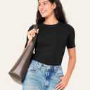 BAMBOO COOL Women's Seamless Tight T-Shirts Slim Fit Basic Ribbed Tees Short Sleeve Crew Neck Top (Black, M)