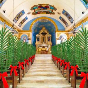12 Pcs 26 Inch Easter Artificial Palm Leaves Large Tropical Green Leaves with Red Ribbon Green Large Faux Greenery Plants for Easter Party Decoration Sunday Church Pew Decorations
