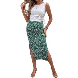Milumia Women's Maternity Outfits 2 Piece Eyelet Ruched Tank Top and Floral Double Slit Midi Skirt Sets (Large, Green)