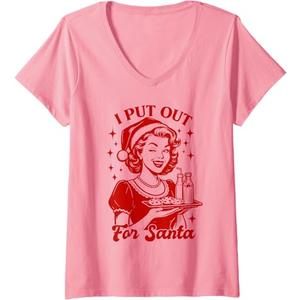 Womens Christmas Xmas Vibes Sarcasm Humor Funny I Put Out for Santa V-Neck T-Shirt, Size: L