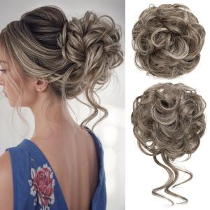 CJL HAIR 2PCS Messy Bun Hair Pieces Wavy Curly Synthetic Updo Chignon Fake Scrunchies Ponytail Extension for Women,  Middle Grey