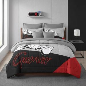 WeCozy Full Size Gaming Comforter Set, Red Black Video Game 7 Pcs Bedding for Kids and Teens, Gamepad Game-Themed Gamer Boys Room Decor with Flat Fitted Sheet