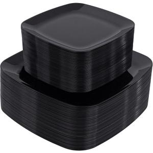 PULOTE 100 PCS Black Square Plastic Plates Disposable - Include 50 Each (10" Dinner & 7.25" Dessert) Plates - Ideal for Party & Graduation