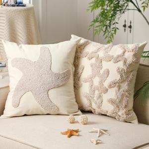 Moucuny 2 Pcs Starfish Pillow Covers 18x18 Embroidery Nautical Coastal Starfish Throw Pillow Covers Summer Ocean Embroidery Home Decor Cotton White Pillowcases Decor for Couch Sofa Bed Room Bedroom