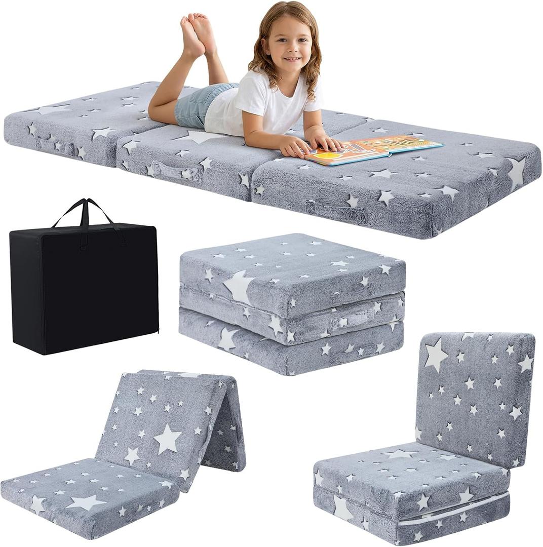 MeMoreCool Glow Star Kids Foldable Floor Mattress Mat with Carry Bag, 3-in-1 Tri-Fold Futon, Soft Plush Glow Cover, Portable for Travel, Grey 63x26 Inch