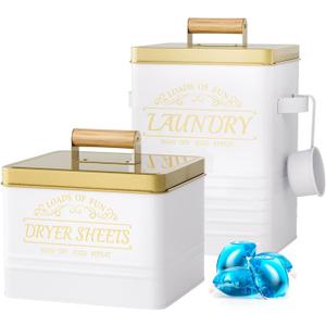 BSSN Laundry Pods Container with Dryer Sheets Holder for Laundry Room Organization and Storage, Laundry Room Organization Containers with Lids and Scoop, White Farmhouse Decor (2Box Set)
