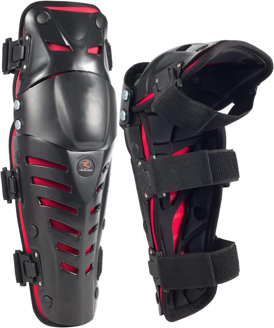Motorcycle Knee Shin Guards, Long Leg Protection Crash Proof Motorcycle Knee Protection Bendable Adjustable MTB Knee Pads for Men Motocross Gear (Red/ Regular)