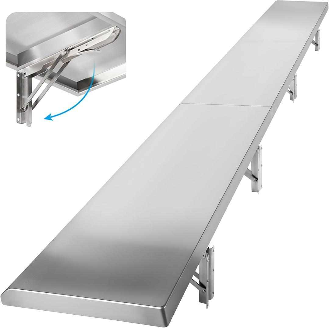 Folding Concession Shelf 12" x 96", Spliced Style Drop Down Concession Serving Window, Stainless Steel Folding Shelf Serving Food Shelf for Windows