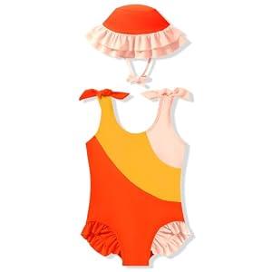 Toddler Girls Swimsuit Ruffle Color Block Bathing Suit Baby Girl Summer Beach Bikini Bowknot One-Piece Swimwear with Sun Hat (Orange, 18-24M)