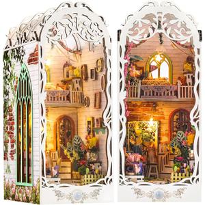 DIY Book Nook Kit - Bookend Diorama with LED - 3D Wooden Puzzle DIY Miniature House Kits - Bookshelf Insert Decor - Booknook Dollhouse Crafts Hobbies Gifts for Adults (Garden House)