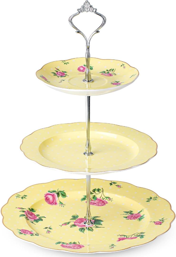BTaT- 3 Tier Dessert Stand, Yellow, Afternoon Tea Stand, Porcelai Dessert Tower, 3 Tier Tea Sandwich Stand, Tiered Plate Stand, Tiered Plate Stand, Tea Party Tray 3 Tier
